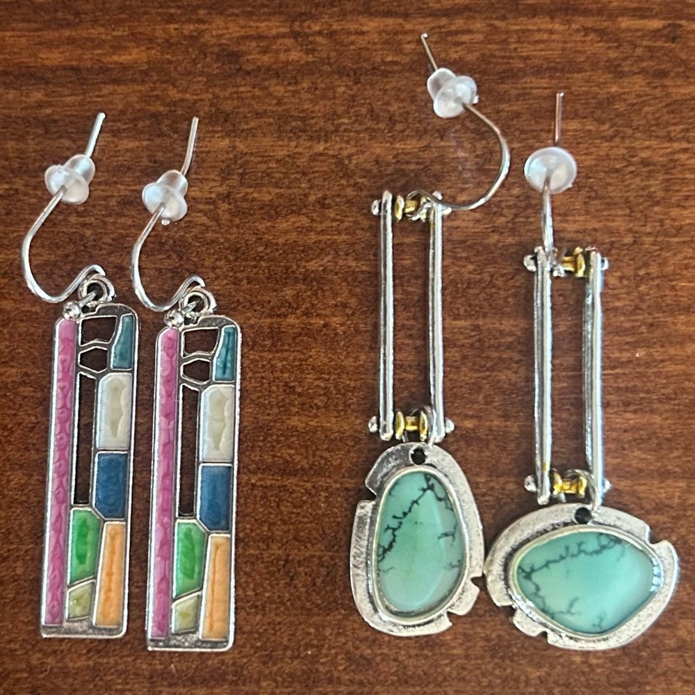 Silver-tone & Green/Multicolor Earrings - 2 Pairs